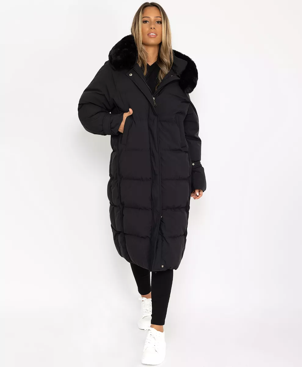 Women s Ladies Maxi Extra Long Puffer Faux Fur Hooded Jacket