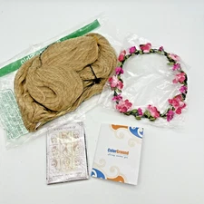 ColorGround Long Wavy Fluffy Blonde Cosplay Wig w/ Flower Crown & Wig Cap - New