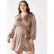 CARA SANTANA X NINE WEST Sequin Faux Wrap Dress Bronze Rose Gold Size XL