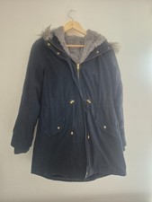 Oasis Size M Navy Faux Fur Lined Parka Coat Hooded KK3