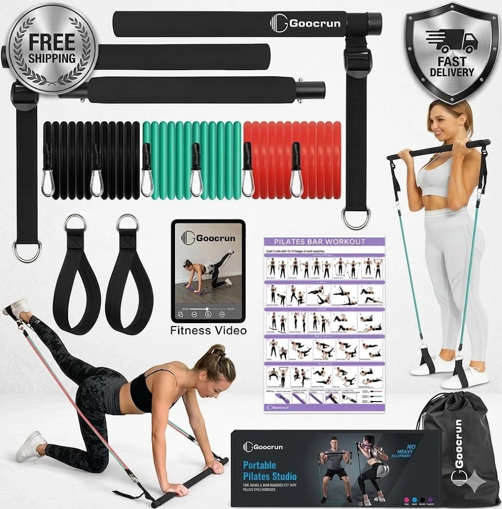 Goocrun Portable Pilates Bar Kit with Resistance Bands for Men and Women - 3 ...
