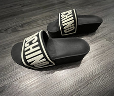 MOSCHINO Teens US 8 Black/White Logo Slide Sandals Rubber Slip-On