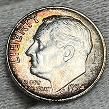 1954 D Roosevelt Silver Dime Error RPM D Over D Toning Uncirculated 