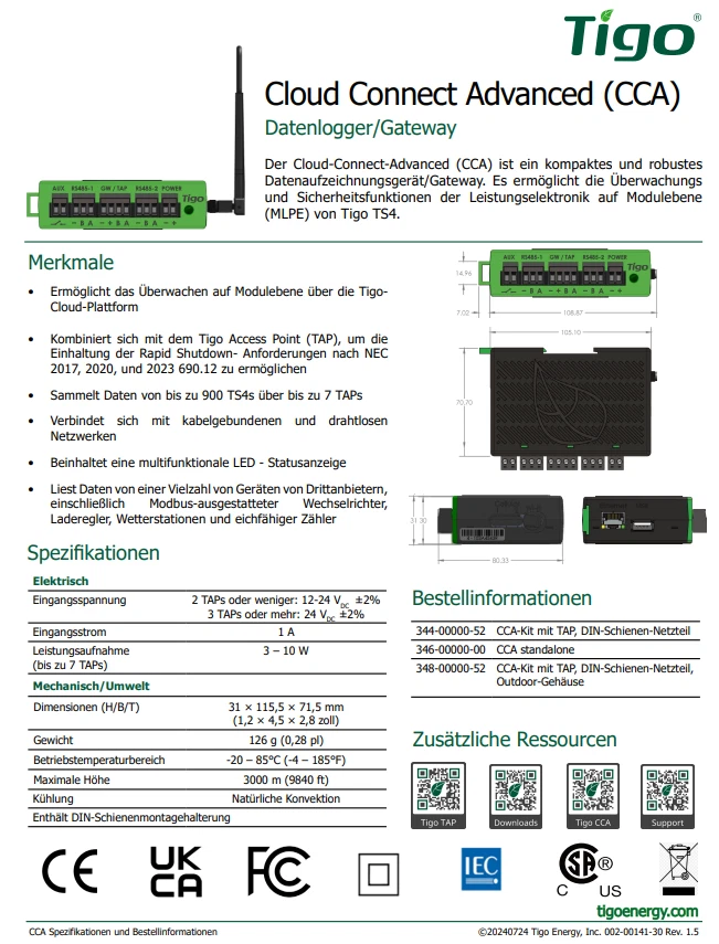 Tigo Cloud Connect Advanced Kit (CCA) + TAP Gateway + Netzteil 344-00000-52