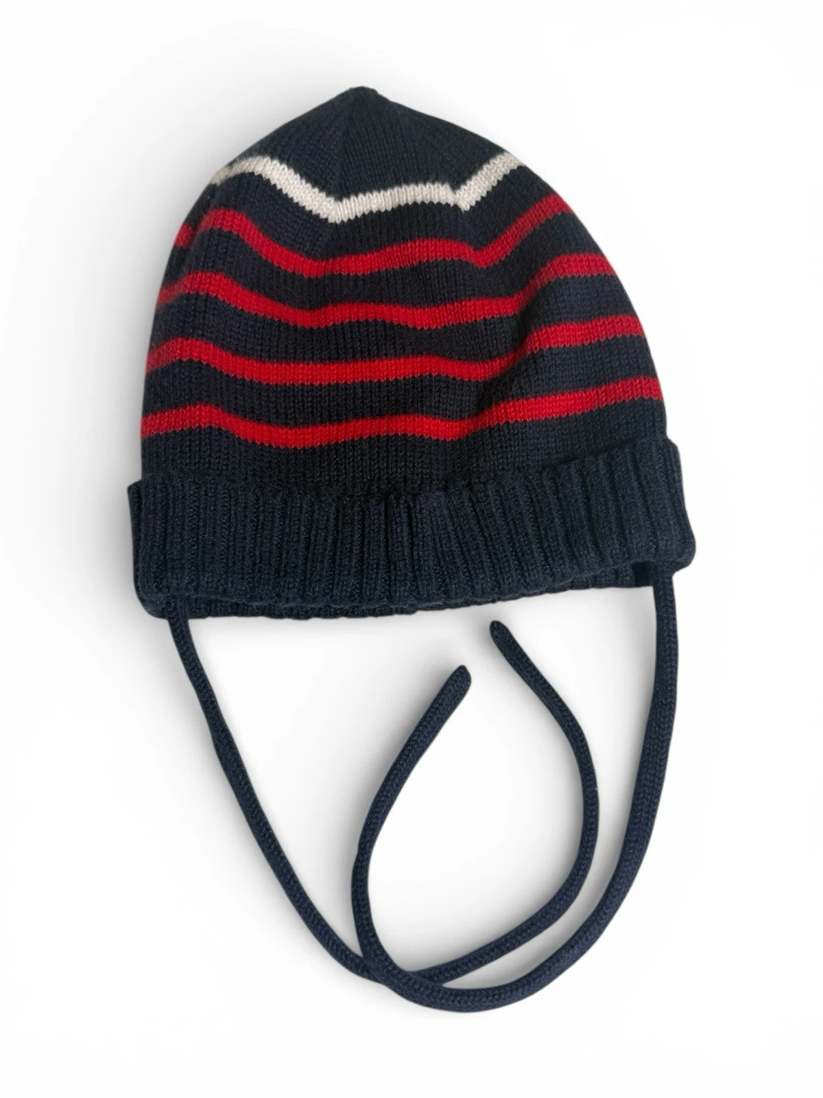 Jacadi Paris Baby Knit Bonnet Hat Navy Red Striped Tie Cotton Wool France