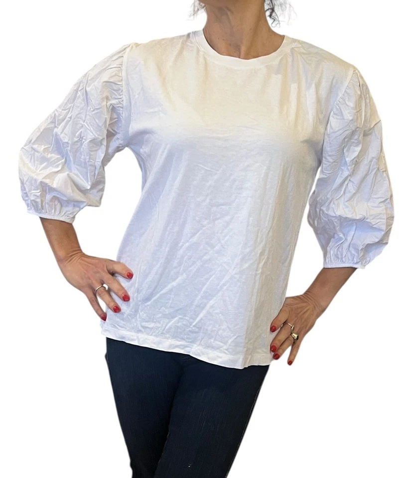 Camiseta Top Zara Voluminous Globo Manga 3/4 Blanca Algodón 0085/635 Grande Foto 4 de 4