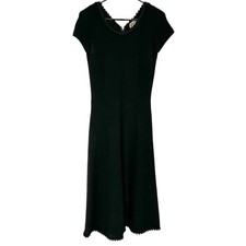 Vintage Black Knit Dress By Elyse NY Scalloped Hem Loop Trim SS Womens Sz Small