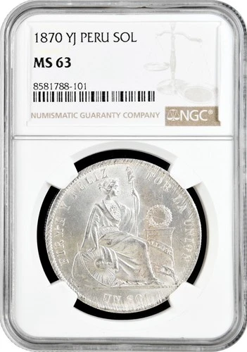 Peru 1 sol 1870 YJ, NGC MS63, "República del Perú (1863 - 1917)" silver coin