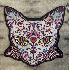 Large Cat Head Embroidered Back Patch Tattoo Style Day of Dead 10"x10"