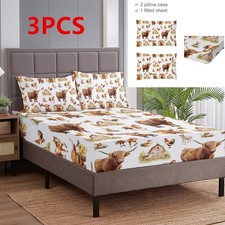 3PCS Bedding Sheet Set Animals Cow Print Fitted Sheet with 2Pillowcases for Home
