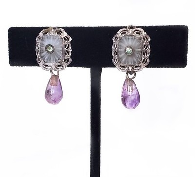 Antique Art Deco Camphor Glass Sterling Silver Earrings Amethyst Drop Screw Back
