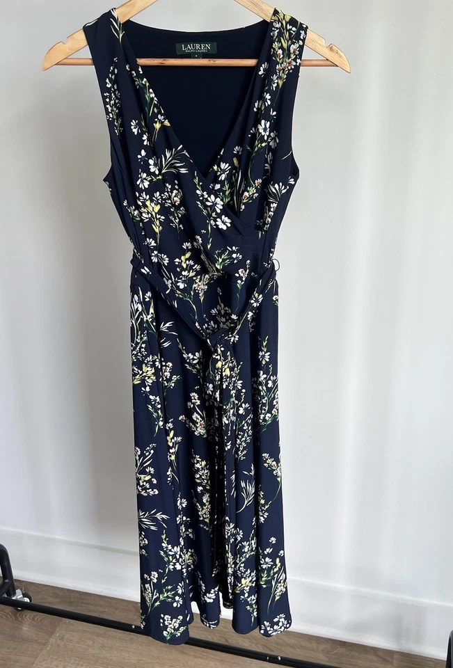 LAUREN Ralph Lauren Midi Wrap Dress Navy Blue Floral Pernille Womens Sz 2 - Image 2 of 4