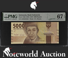 Indonesia 5000 Rupiah 2016 / 2019 P 156d SOLID 2 - 222222 UNC PMG 67 EPQ