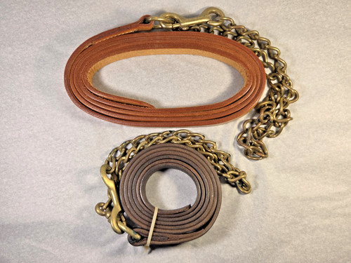 2-96" Long Leather Lead Line for Horse Halters- Brown 1" W with 30" Brass Chain