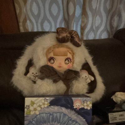 Plush Girl Doll in White & Brown Bunny Costume, Light Skin, Brown Eyes