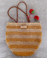 Mar Y Sol Woven Straw Shoulder Bag Striped Beige/Yellow with Pom-Pom Charm