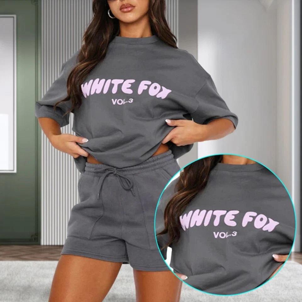 2 Piece White Foxs Womens Boutique T-Shirt Shorts Set Sweatshirt Sweatpants suit - image 3 of 4