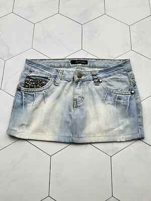 Dsquared2 Denim Mini Skirt Womens Blue Distressed Studded Low Rise Y2K Sexy