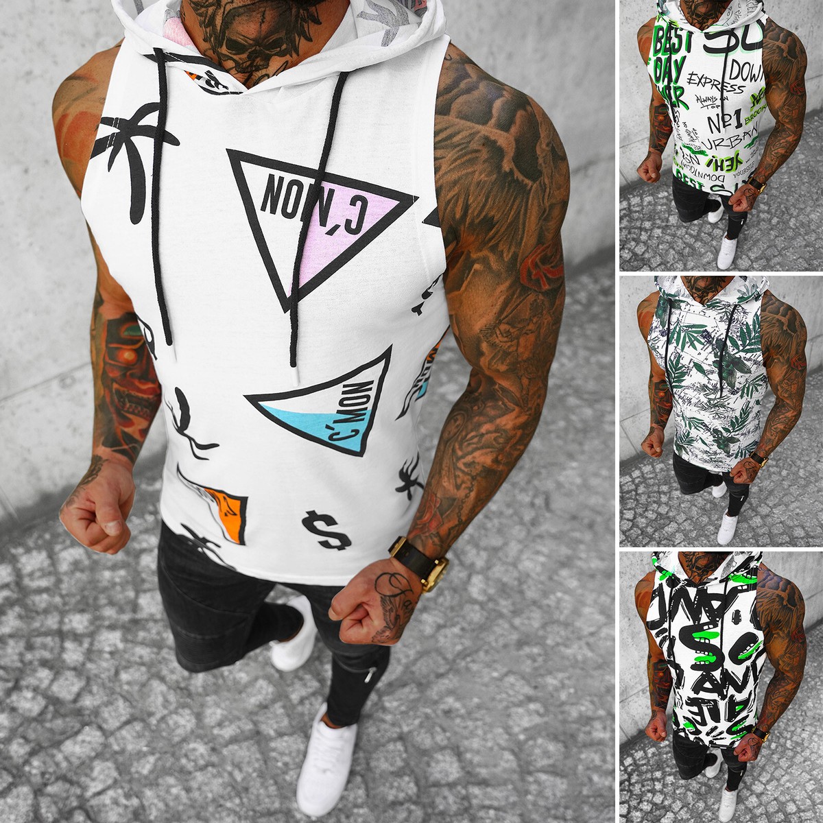 Tanktop T-Shirt Muskelshirt Sport Fitness Motiv Kapuze Herren 