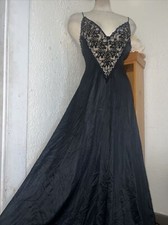VTG DEEP V SLIP GOWN NIGHT DRESS LINGERIE SILKY NYLON BLACK ADONNA Medium Sweep