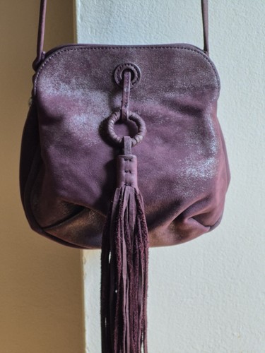 Vintage Hobo Plum Birdy Suede Metallic Tassel Fringe Cowgirl Women's Crossbody - Picture 3 of 23
