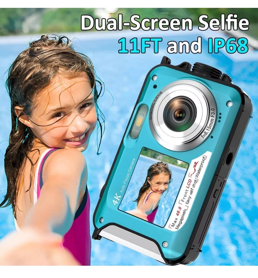 Подводная камера 4K 11 футов водонепроницаемая с картой 32 ГБ 48 МП автофокус двойной экран... - Изображение 3 из 4