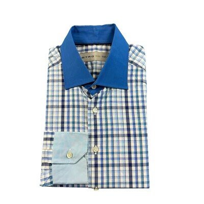 Etro Milano Contrast Collar Blue Checked Mens Cotton Button Front Size 39 Italy