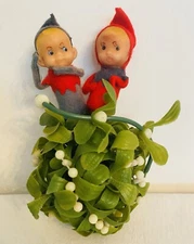 Vintage Pixie Elf Mistletoe Kissing Ball 2 Pixie Elves Hanging Christmas Decor