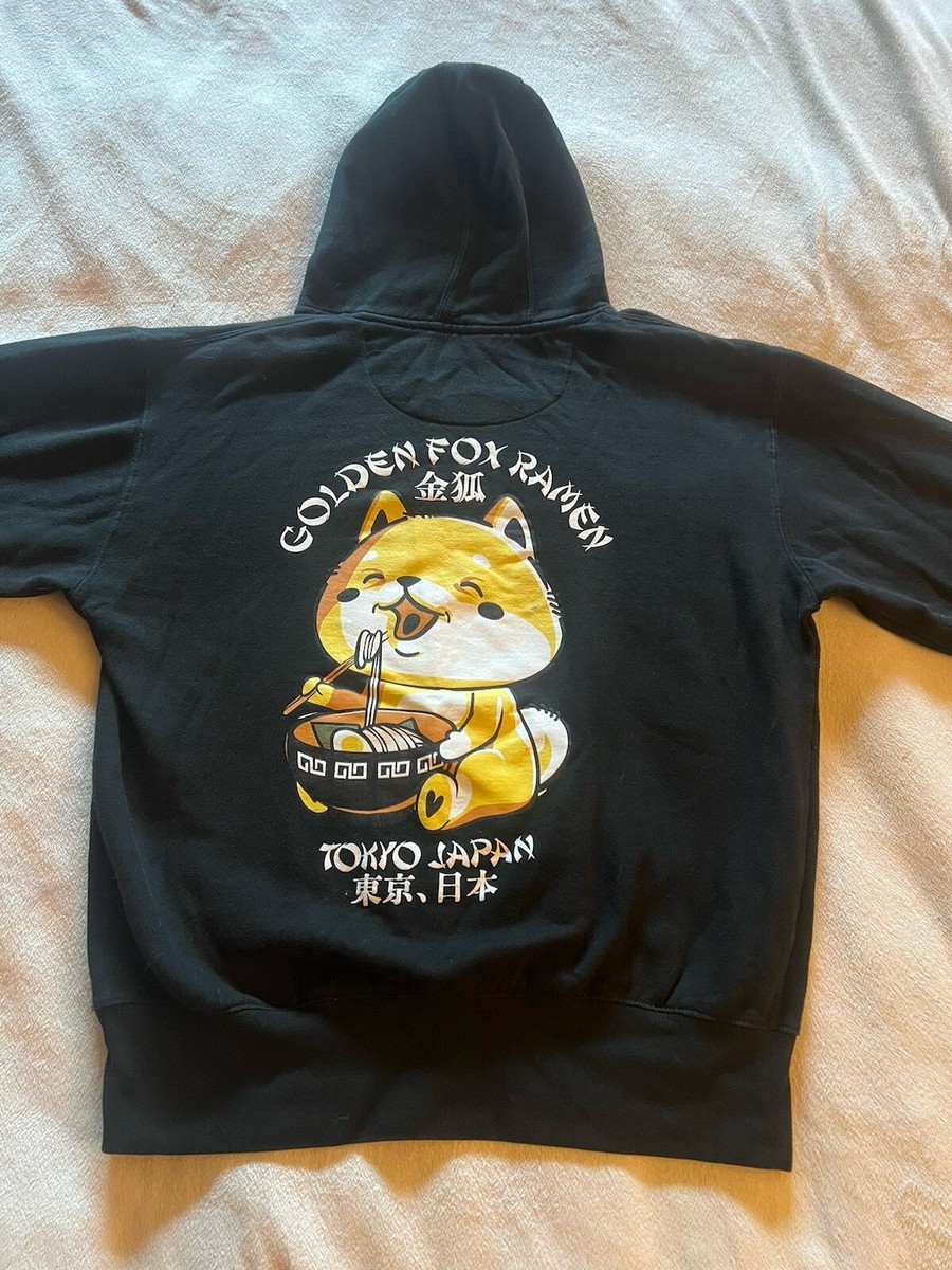 SCW Golden Fox Ramen Hoodie Medium Black Kitten Fox Graphic Pocket