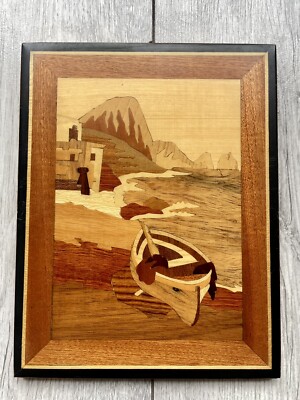 VINTAGE MEER LAND BOOT INTARSIEN HOLZ INTARSIEN LACKIERT PLAKETTE ITALIEN WANDBEHANG