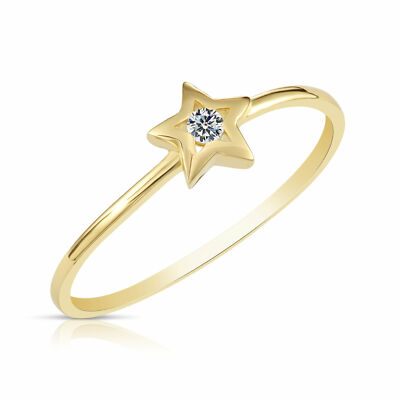 10K Real Solid Yellow Gold Dainty Star Cubic Zirconia Minimalist Band Ring 