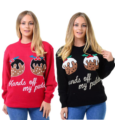 DAMEN WEIHNACHTEN WEIHNACHTEN NEUHEIT STRICK RETRO PULLOVER PULLI Hände weg von meinem Pudding