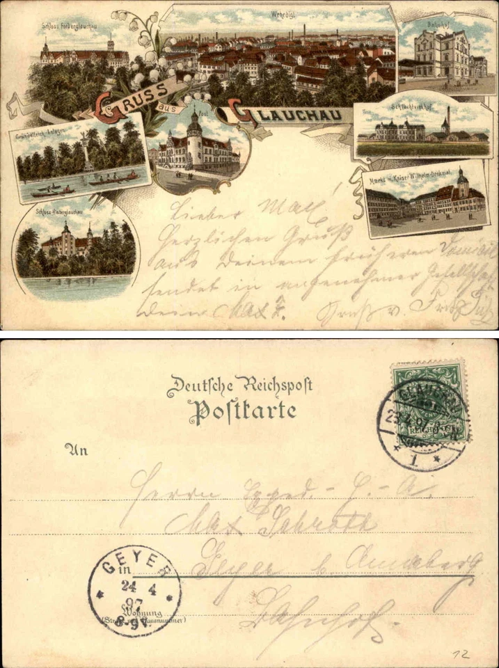 1897 Stempel GLAUCHAU Litho-AK mit Bahnhof, Schlachtviehhof, Post AK nach Geyer - Bild 1 von 1