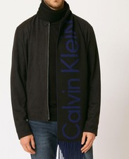 Men's Scarf Black/Blue Reversible Knit Fringe Double Thick Calvin Klein NEW GIft