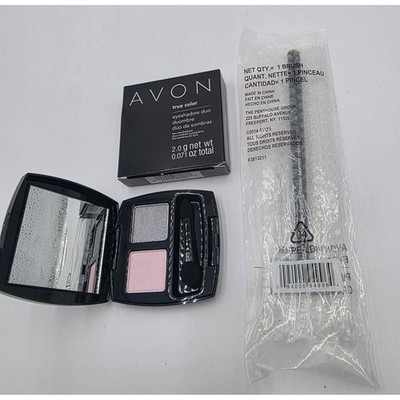 Avon True Color Eyeshadow Duo Grey Matters Pink Silver & Pro Cream Shadow Brush
