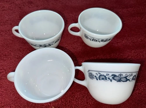 Vintage Pyrex Morning Blue Coffee Tea Cups - Set Of 4 - milk glass Corning Cup
