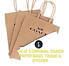 3pcs  ORIGINAL COACH LOGO paper brown  bag 10 x 8 x 4.5 " TISSUE & sticker  New