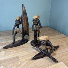 VTG Hawaiian Tiki Wood  Jute Hand Carved Figurines Tribal Primitive - SET OF 3