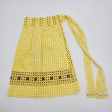 Vintage Yellow Check Gingham Brown Embroidered Cross Stitch Half Apron Retro MCM
