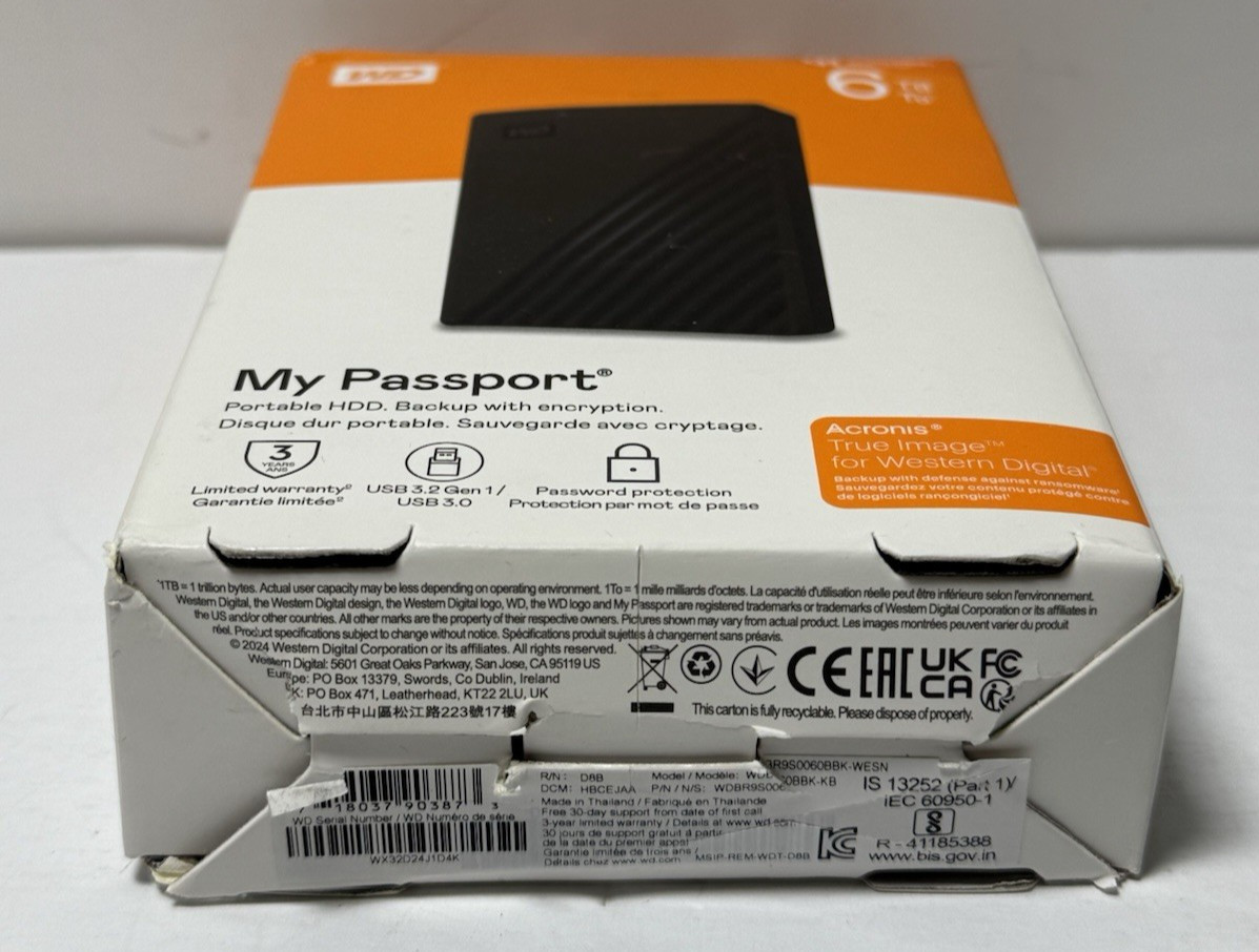 WD- My Passport 6TB External USB 3.0 Portable Hard Drive Black-Brand new