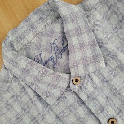 Tommy Bahama Linen Shirt Mens Large Blue Plaid Summer Beach Preppy