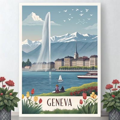 Genf Schweiz Vintage Reise Poster - Jet d'Eau und Alpenlandschaft Kunstdruck