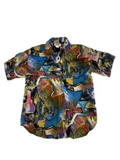 Vintage Jeri Marque Button Up Top Women's 10 Abstract Colorful Rayon USA