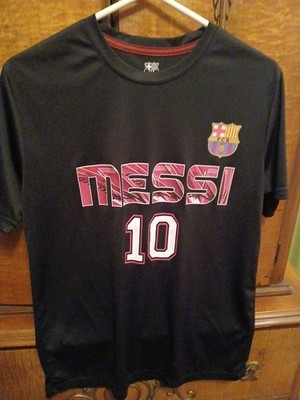 Official FC Barcelona Lionel Messi #10 Black Graphic T Shirt Features Team Crest