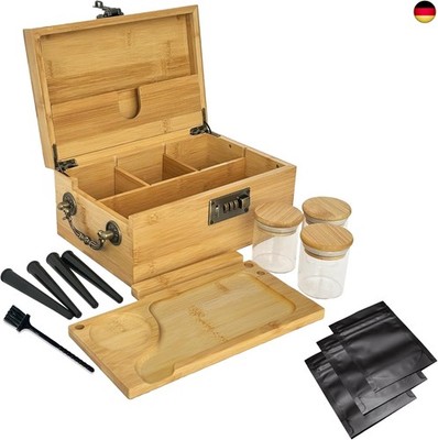 JIABOLANG Bambusbox mit Zahlenschloss und Zubehör, 3 geruchsdichte Gläser, 4 R