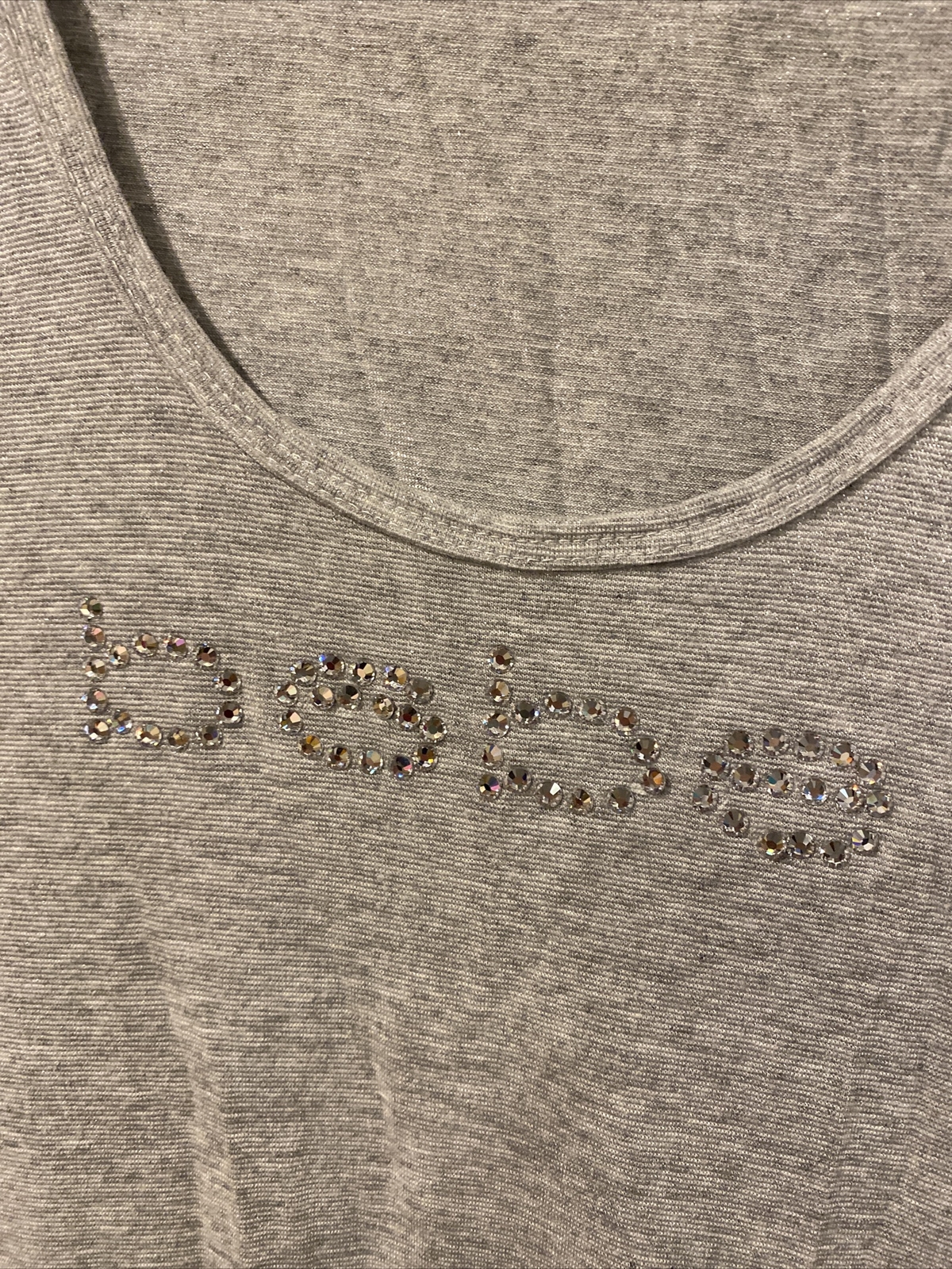 BEBE Metallic Silver Rhinestone Logo Tank Top Size La… Gem