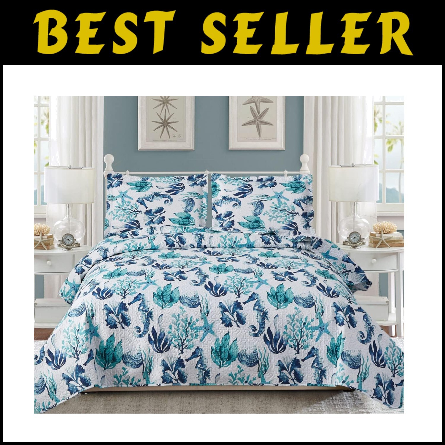 Cozy Green Coral 3-Piece Ocean Quilt Set for All Seasons