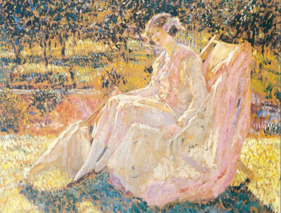 Oil painting Frederick-Carl-Frieseke-Sunbath woman portrait landscape
