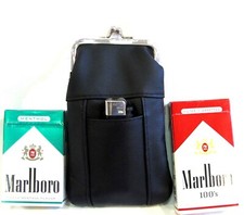 100's 120's 100 Genuine Leather Cigarette Case Lighter Pocket Kiss Lock - BLACK