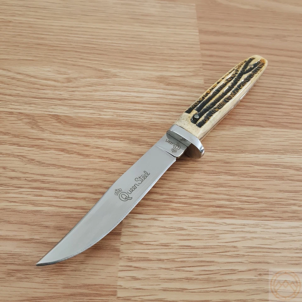 Cuchillo fijo Queen Winterbottom 3,75" acero inoxidable clip hoja mango hueso 89WB Foto 2 de 4